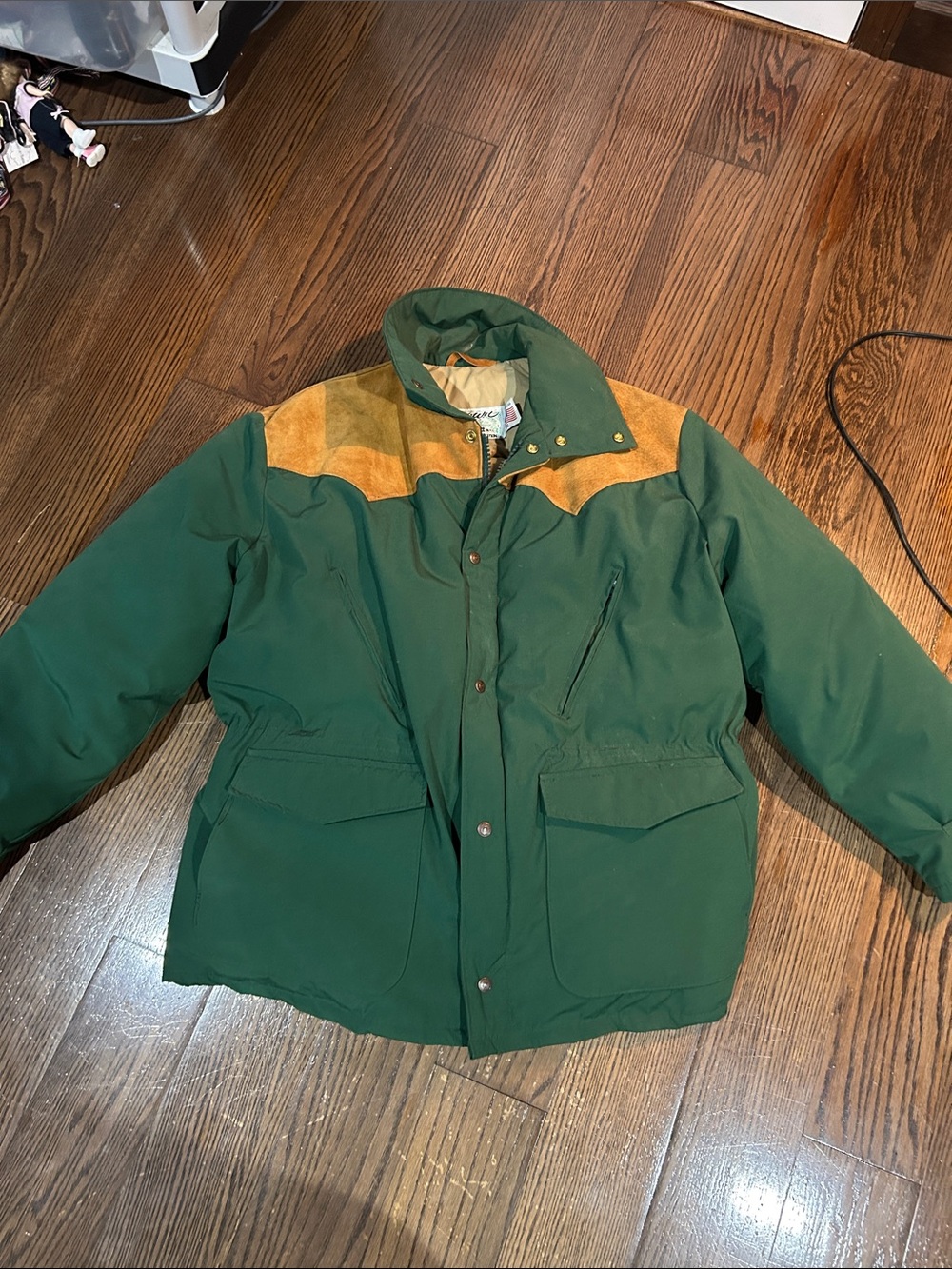 Vtg Schott green & tan down western yoke puffer warm jacket sz XXL